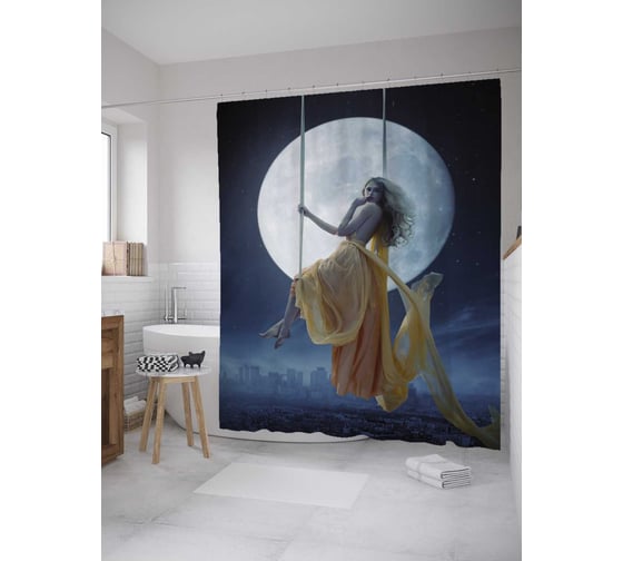 Штора (занавеска) для ванной JoyArty "Качели в полнолуние" из сатена, 180х200 см с крючками, sc_28012