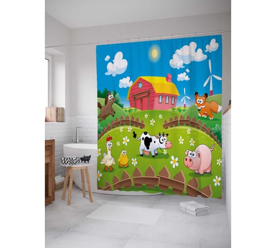 Штора (занавеска) для ванной JoyArty "Домашняя ферма" из сатена, 180х200 см с крючками, sc_29501 1