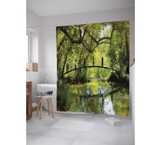 Штора (занавеска) для ванной JoyArty "Романтический мостик" из сатена, 180х200 см с крючками, sc_28545 1