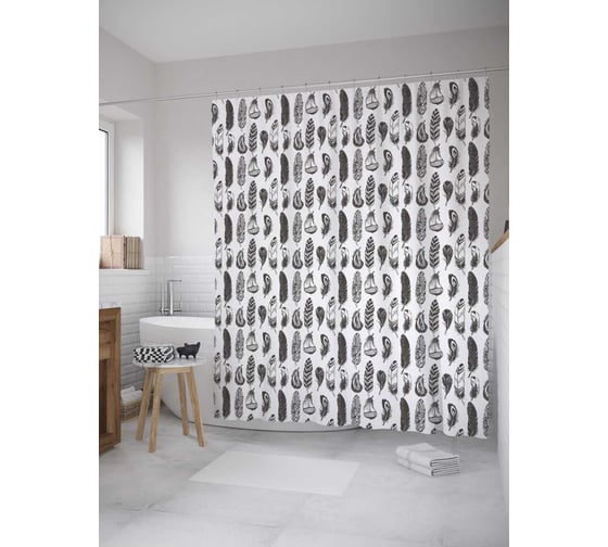 Штора (занавеска) для ванной JoyArty "Разнообразие перьев" из сатена, 180х200 см с крючками, sc_28904 1