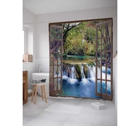 Штора (занавеска) для ванной JoyArty "Окно на водопаде" из сатена, 180х200 см с крючками, sc_16505