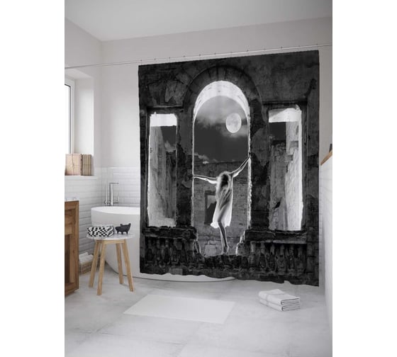 Штора (занавеска) для ванной JoyArty "Фигура в развалинах" из сатена, 180х200 см с крючками, sc_27656 1