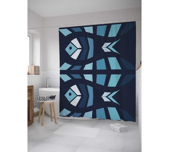 Штора (занавеска) для ванной JoyArty "Геометрические рыбы" из сатена, 180х200 см с крючками, sc_28317 1