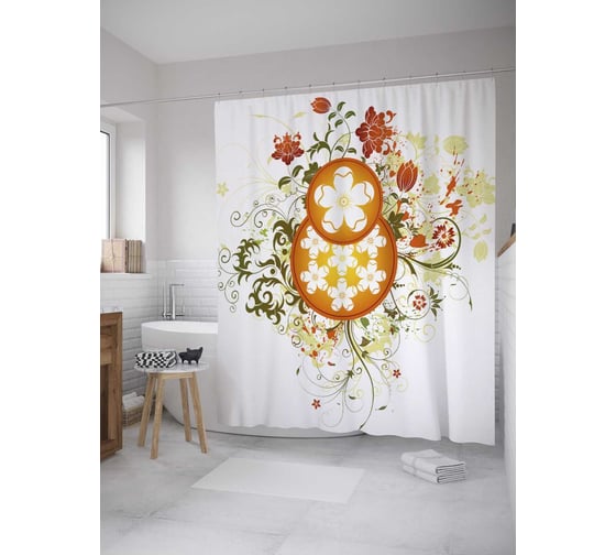 Штора (занавеска) для ванной JoyArty "Цветочные вензеля" из сатена, 180х200 см с крючками, sc_28520 1