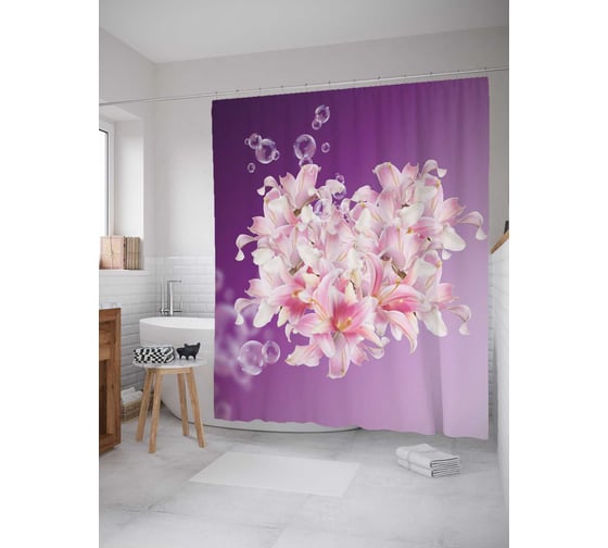 Штора (занавеска) для ванной JoyArty "Цветы с пузырями" из сатена, 180х200 см с крючками, sc_2639 1