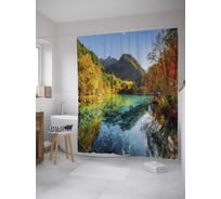 Штора (занавеска) для ванной JoyArty "Водная гладь среди гор" из сатена, 180х200 см с крючками, sc_28114