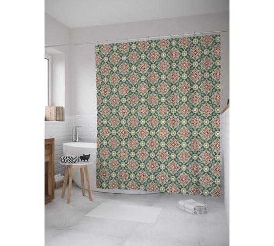 Штора (занавеска) для ванной JoyArty "Геометрические цветы в ромбах" из сатена, 180х200 см с крючками, sc_28790 1