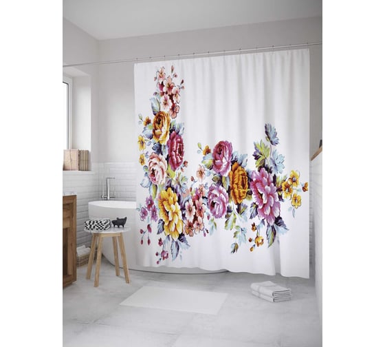 Штора (занавеска) для ванной JoyArty "Цветочная композиция" из сатена, 180х200 см с крючками, sc_28540