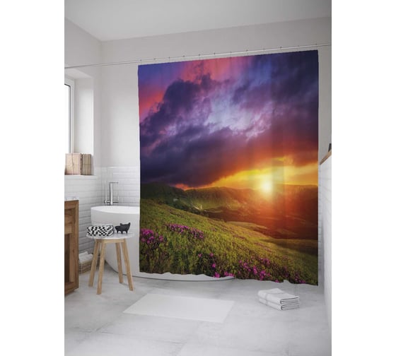 Штора (занавеска) для ванной JoyArty "Рассвет над горной поляной" из сатена, 180х200 см с крючками, sc_28182 1