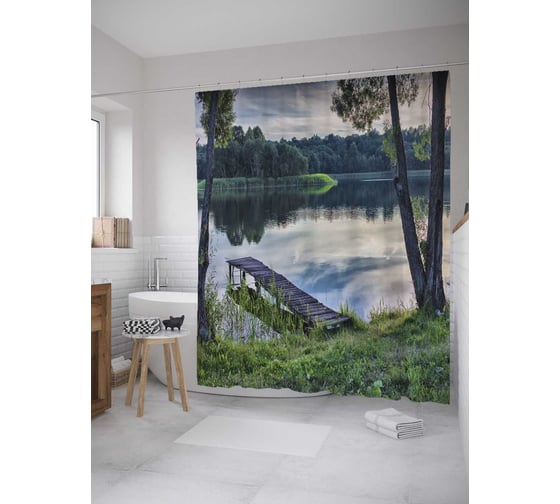 Штора (занавеска) для ванной JoyArty "Кладка у реки" из сатена, 180х200 см с крючками, sc_27743 1