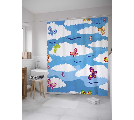 Штора (занавеска) для ванной JoyArty "Бабочки в небе" из сатена, 180х200 см с крючками, sc_27874 1