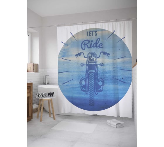 Штора (занавеска) для ванной JoyArty "Мотоцикл-путешественник" из сатена, 180х200 см с крючками, sc_27945 1
