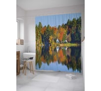 Штора (занавеска) для ванной JoyArty "Домики на берегу осенью" из сатена, 180х200 см с крючками, sc_28538