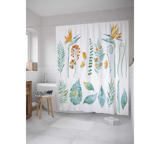 Штора (занавеска) для ванной JoyArty "Удивительный гербарий" из сатена, 180х200 см с крючками, sc_28033 1