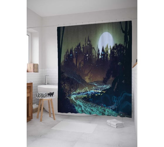 Штора (занавеска) для ванной JoyArty "Лунный свет в лесу" из сатена, 180х200 см с крючками, sc_27930 1