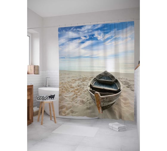 Штора (занавеска) для ванной JoyArty "Лодка на песке" из сатена, 180х200 см с крючками, sc_29179 1