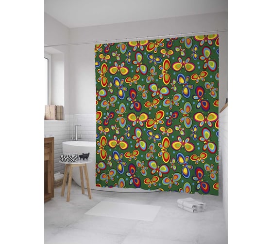 Штора (занавеска) для ванной JoyArty "Яркие бабочки" из сатена, 180х200 см с крючками, sc_27982 1
