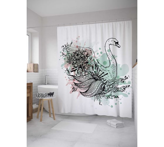 Штора (занавеска) для ванной JoyArty "Зарисовки лебедя" из сатена, 180х200 см с крючками, sc_28594 1