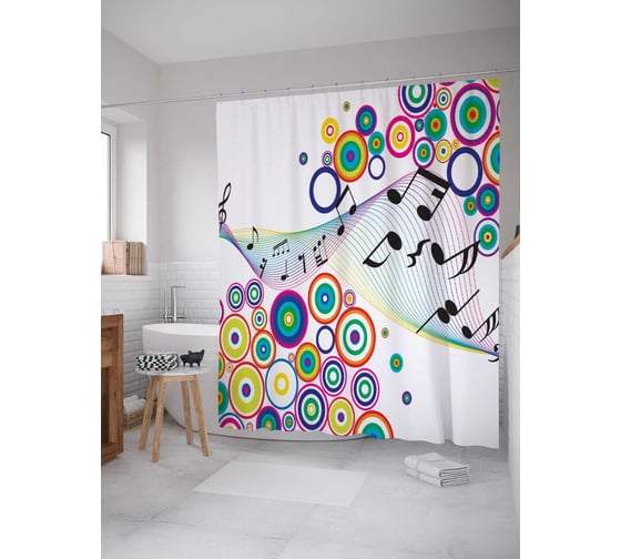 Штора (занавеска) для ванной JoyArty "Музыкальные диски" из сатена, 180х200 см с крючками, sc_29023 1