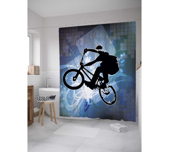 Штора (занавеска) для ванной JoyArty "Велосипедист в полете" из сатена, 180х200 см с крючками, sc_27951 1