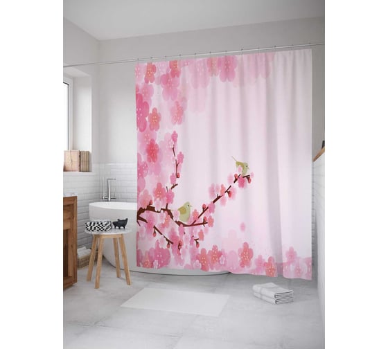 Штора (занавеска) для ванной JoyArty "Весенняя ветка" из сатена, 180х200 см с крючками, sc_28479 1