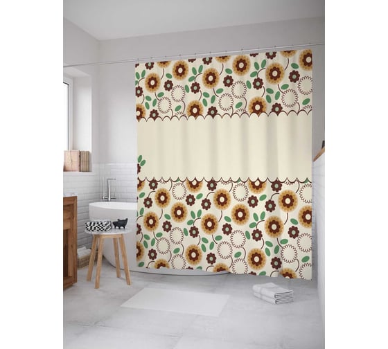 Штора (занавеска) для ванной JoyArty "Цветочная занавеска" из сатена, 180х200 см с крючками, sc_28484