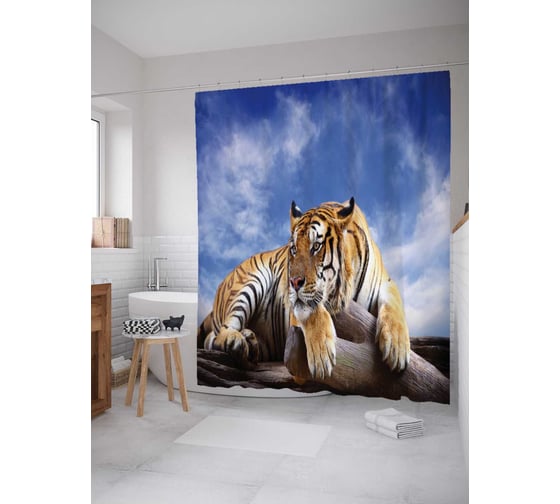 Штора (занавеска) для ванной JoyArty "Задумчивый тигр" из сатена, 180х200 см с крючками, sc_12723 1