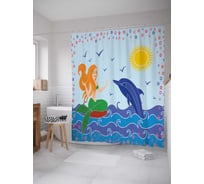 Штора (занавеска) для ванной JoyArty "Дельфин и русалка" из сатена, 180х200 см с крючками, sc_12835