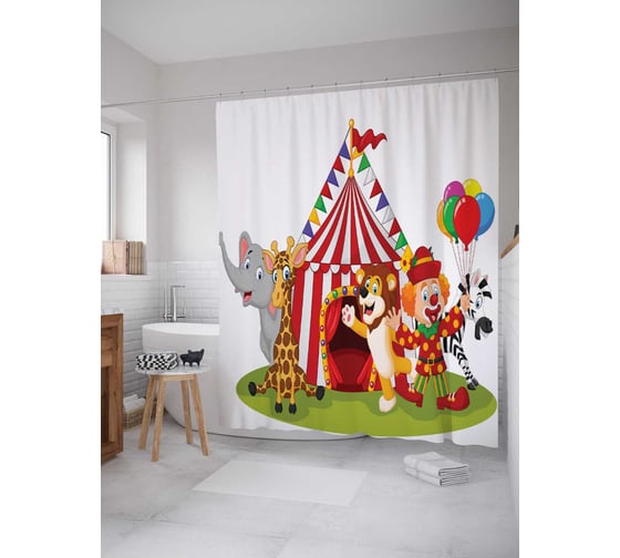 Штора (занавеска) для ванной JoyArty "Цирк позитива" из сатена, 180х200 см с крючками, sc_12753 1
