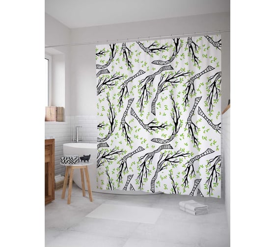 Штора (занавеска) для ванной JoyArty "Полосатые ветки" из сатена, 180х200 см с крючками, sc_13307 1