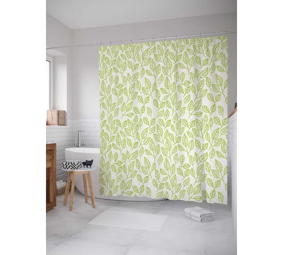Штора (занавеска) для ванной JoyArty "Лиственный узор" из сатена, 180х200 см с крючками, sc_13301