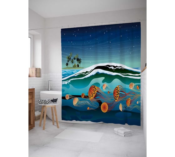 Штора (занавеска) для ванной JoyArty "Медузы в волне" из сатена, 180х200 см с крючками, sc_12943 1