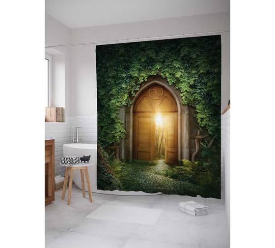 Штора (занавеска) для ванной JoyArty "Жилище в зарослях" из сатена, 180х200 см с крючками, sc_12930 1