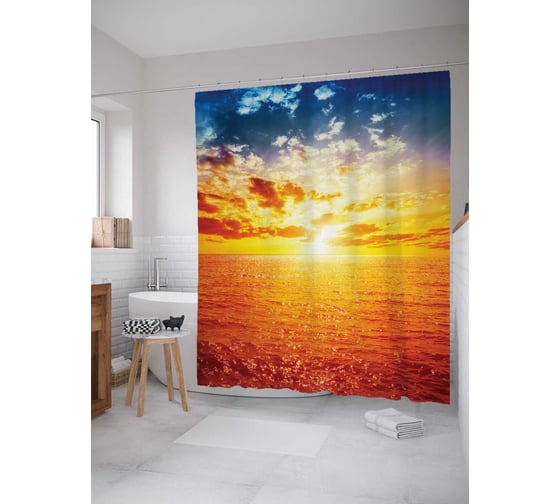 Штора (занавеска) для ванной JoyArty "Уходящее солнце" из сатена, 180х200 см с крючками, sc_13010