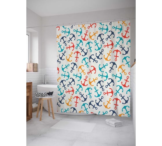 Штора (занавеска) для ванной JoyArty "Безумие с якорями" из сатена, 180х200 см с крючками, sc_11063 1