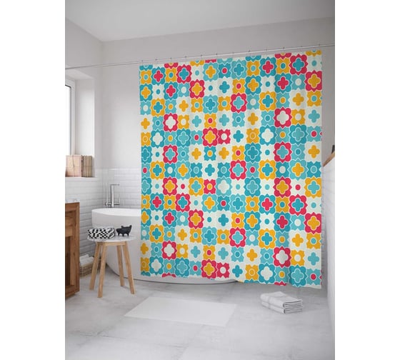 Штора (занавеска) для ванной JoyArty "Цветной орнамент" из сатена, 180х200 см с крючками, sc_16818 1