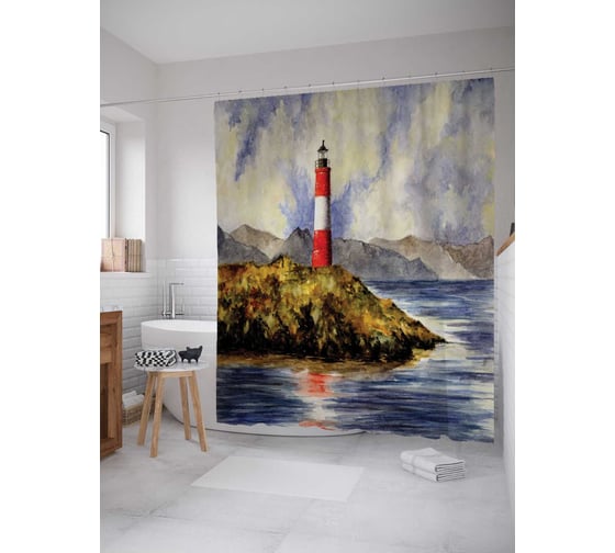 Штора (занавеска) для ванной JoyArty "Полосатый маяк" из сатена, 180х200 см с крючками, sc_12355 1