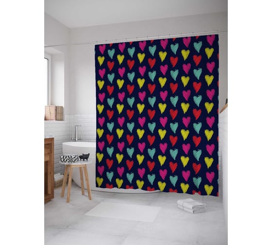 Штора (занавеска) для ванной JoyArty "Красочные сердца" из сатена, 180х200 см с крючками, sc_18375 1