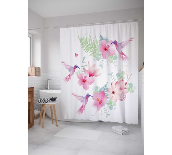 Штора (занавеска) для ванной JoyArty "Труды колибри" из сатена, 180х200 см с крючками, sc_12394 1