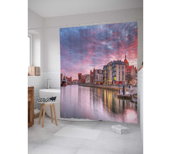 Штора (занавеска) для ванной JoyArty "Водный город" из сатена, 180х200 см sc_244865 1