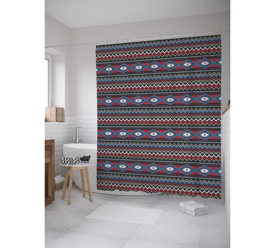 Штора (занавеска) для ванной JoyArty "Горизонтальные зигзаги с узорами" из сатена, 180х200 см с крючками, sc_10199 1