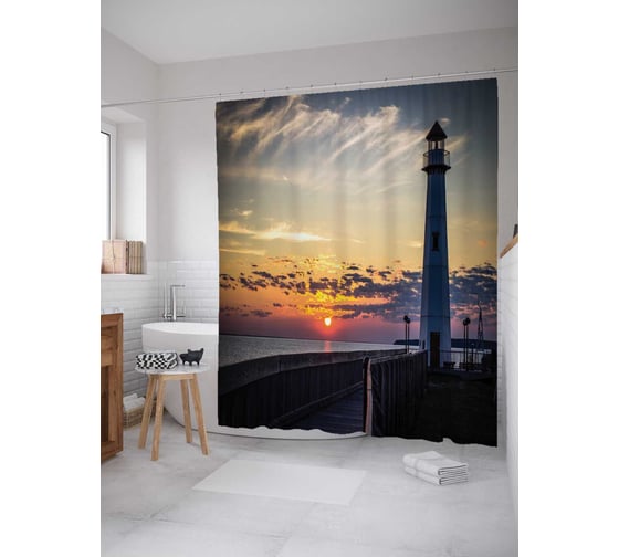 Штора (занавеска) для ванной JoyArty "Маяк на закате" из сатена, 180х200 см с крючками, sc_12366 1