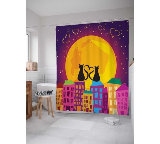Штора (занавеска) для ванной JoyArty "Романтические коты" из сатена, 180х200 см с крючками, sc_14809 1