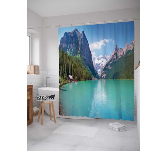 Штора (занавеска) для ванной JoyArty "Отшельник у реки" из сатена, 180х200 см с крючками, sc_15198 1