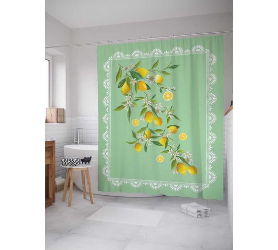 Штора (занавеска) для ванной JoyArty "Ветка лимонов" из сатена, 180х200 см с крючками, sc_105995 1