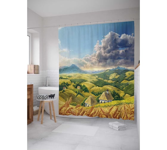 Штора (занавеска) для ванной JoyArty "Холмистая деревня" из сатена, 180х200 см с крючками, sc_15108 1