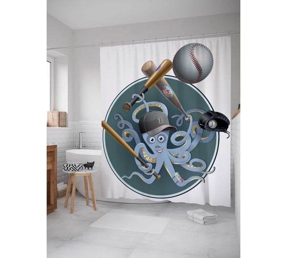 Штора (занавеска) для ванной JoyArty "Осьминог бейсболист" из сатена, 180х200 см с крючками, sc_15075 1
