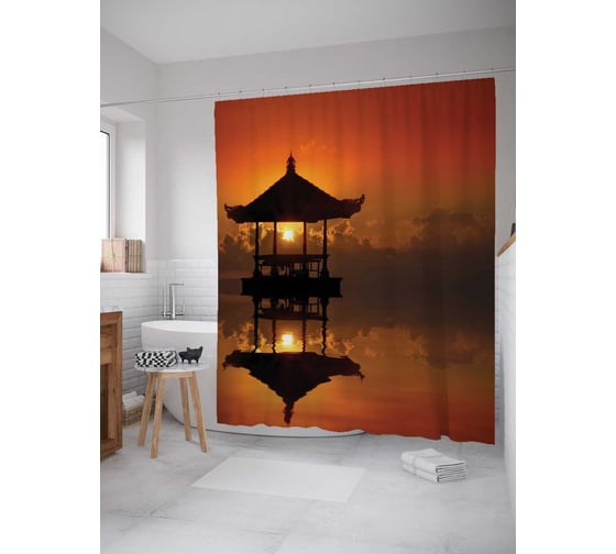 Штора (занавеска) для ванной JoyArty "Закат в Азии" из сатена, 180х200 см с крючками, sc_12243 1