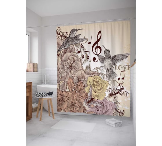 Штора (занавеска) для ванной JoyArty "Птичьи ноты" из сатена, 180х200 см с крючками, sc_12384 1