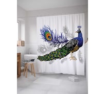Штора (занавеска) для ванной JoyArty "Задумчивый павлин" из сатена, 180х200 см с крючками, sc_12586